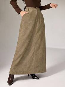 Heiryn 女式纯色高腰口袋休闲/工作裙 - 卡其色 - 查看 5