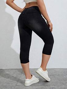 SHEIN Essnce 女士口袋修身休闲百搭七分牛仔裤 - 黑色 - 查看 2