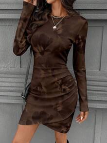 SHEIN LUNE 复古长袖褶皱腰身修身连衣裙，秋季 - 彩色 - 查看 3