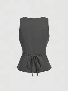 SHEIN MOD 灰色双排扣V领马甲裤套装（两件套），适合办公室穿着，复古优雅风格，学院风，职业装，秋冬季教堂女装 - 深灰色 - 查看 6