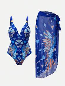 Swim Oasis Conjunto de traje de baño de una pieza con estampado de loro de lujo para resort del sur de Francia, con falda pareo - Multicolor - Ver 2