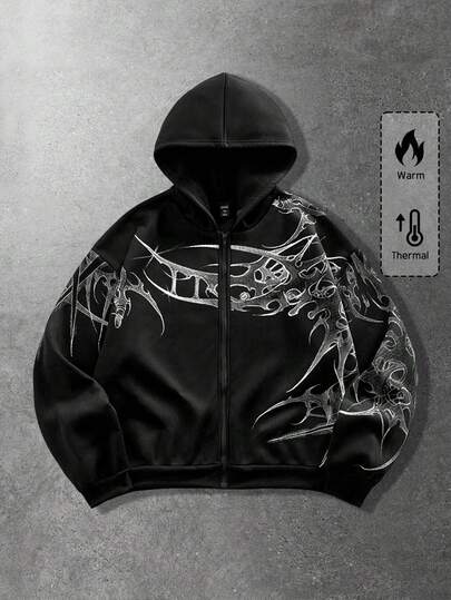 Sudadera con capucha casual con cremallera y estampado gótico para hombres