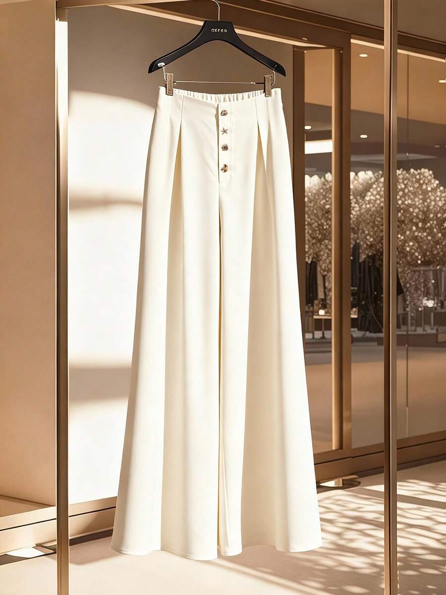 GlowEve CURVE 大码女式高腰/中腰纯色优雅修身休闲直筒裤，宽松版型西装裤，适合所有季节，商务休闲优雅办公服饰 - 杏色 - 查看 1