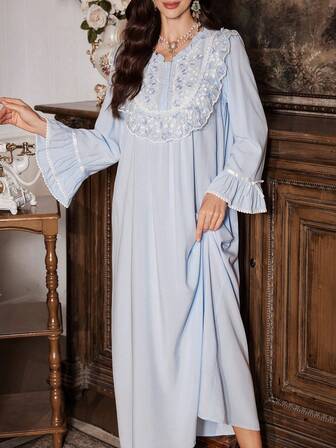 PalaceNights Vintage Palace Style Embroidered Lace Trim Women Long Nightgown, Winter