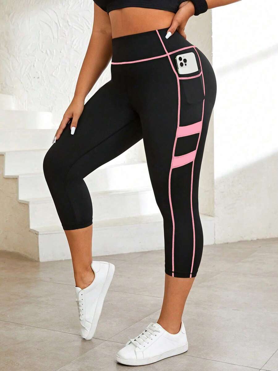 Easithlete 大码撞色高腰紧身口袋七分裤 - 彩色 - 查看 1