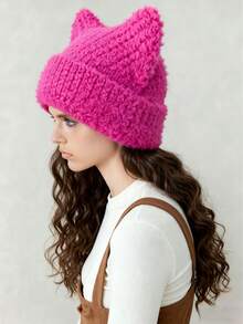 ROMWE Grunge Punk 1 件紫红色针织猫耳帽，Y2K 风格纯色保暖宽松帽，百搭时尚帽，适合日常佩戴 - 彩色 - 查看 3
