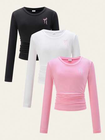 Casuvi Kids 3pcs/Set Girls' Pink Bowknot T-Shirt, Ballerina Style, Suitable For Outings, Casual Daily Wear, Back To School, Spring/Autumn