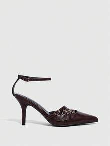 CUCCOO SZL Sapatos de salto médio com tira em T e tira no tornozelo da moda feminina - Castanho Café - Ver 8