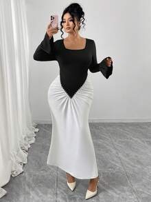 Modelyn Plus Size Women's Vintage Elegant Color Block Ruched Puff Sleeve Turtleneck Bodycon Dress