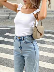 Blusa mujer casual estilo moderno tejido acanalado color sólido volantes ajustada escote cuadrado sin mangas primavera verano uso diario blusa - Blanco - Ver 3