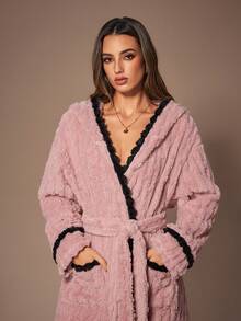 SHEIN Contrast Color Pom Pom Hooded Jacquard Fleece Women Robe Robes For Women Fluffy Fuzzy Robe Robe Set Women Robes For Women Winter Bath Robes For Women - Pink - View 6