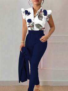 SHEIN LUNE 女士度假植物印花短袖衬衫和裤子休闲两件套（腰带为装饰性） - 藏蓝色 - 查看 6