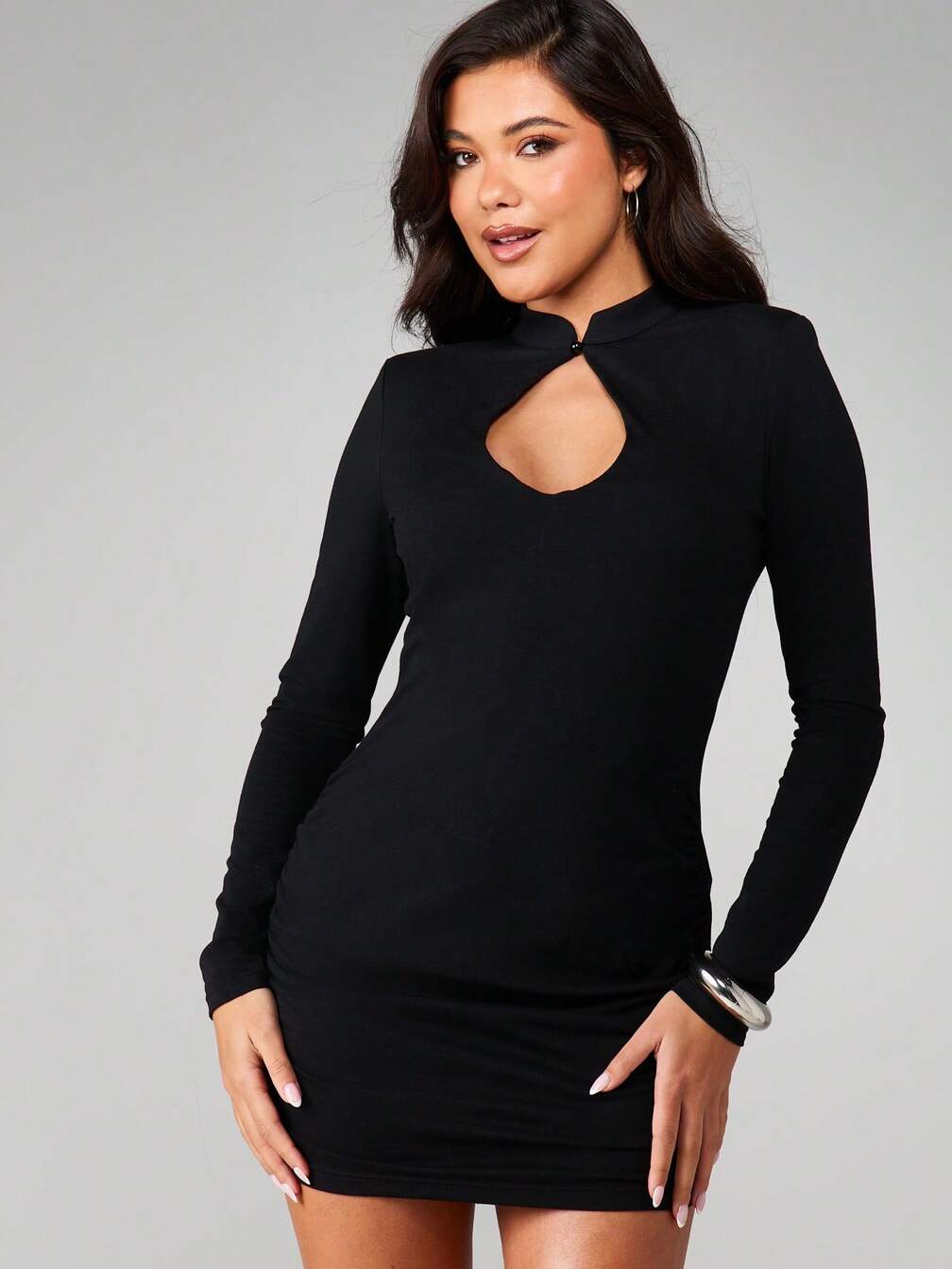 MISSGUIDED Cut Out Chest Long Sleeve Bodycon Mini Dress With High Collar,L