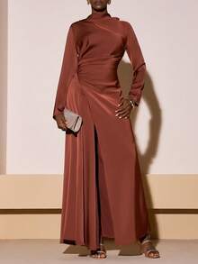 Zivah 2025 Autumn/Winter New Music Festival, Easter, St. Patrick's Day, Western, Nomadic, Birthday Party, Graduation, College Style, Student, Daily Wear, Basic Versatile, Casual, Vacation, Cruise Travel, Beach, Sunbathing, Viral , Streetwear, Wedding Guest Boho, Commute, Brunch, Airport, Party, Holiday Outing, Elegant Banquet Brown Long Dress With Crew Neck, Long Sleeves, Waist Ruching, Side Slit, Satin Fabric Long Dress With Slit Long Dress With Sleeves Rust Brown Dress Dress Modest - Rust Brown - View 2