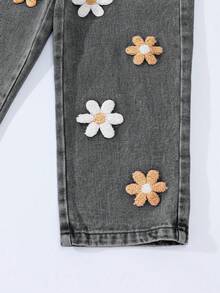 Pantaloni a zampa di ragazza giovane con ricamo a fiocco di neve, effetto lavato e strappato - nero - Visualizzare 5