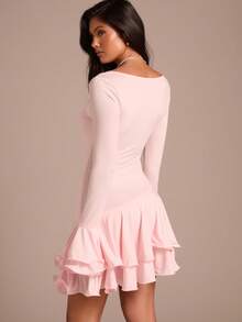 Enchnt Spring/Summer Romantic Women's Pink Flare Sleeve Ruffle Hem Cute Mini Dress,Sweet&Elegant For Party&Date&Holiday&Going Out - Pink - View 7