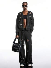 LYSMO 2025新款极简主义冬季女式时尚镂空卫衣，秋季复古风，男女皆宜的前卫时尚铆钉设计黑色连帽卫衣，短款外套，适合外出穿搭、返校季、毕业季、街头风、朋克风、Y2K风和斯德哥尔摩风，以及个性女装和独特服饰。 - 黑色 - 查看 7