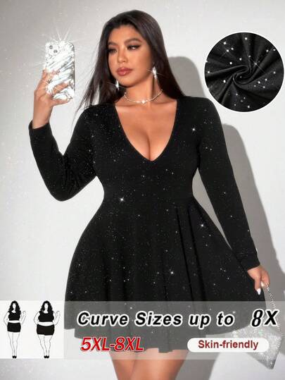 SHEIN CURVE+ Plus Size Women's Elegant Solid Color Knit High Stretch Shiny Glitter V-Neck Party Dress, Suitable For Christmas, Halloween, Fashionable Design, New Autumn/Winter