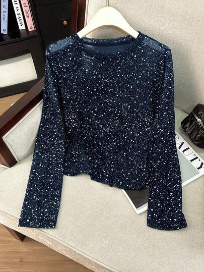 Franclia 纯色弹力网眼金属箔亮面长袖上衣