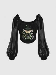 ROMWE Goth Blusa ajustada con estampado de planta de bruja y luna en las mangas tipo linterna para mujer - Negro - Ver 1