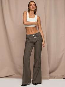 SHEIN BAE Women's Solid Color Seam Front Belted Elegant Flare Leg Pants,Fall,Fall Clothes For Women,Winter Clothes For Women - Brown - View 4