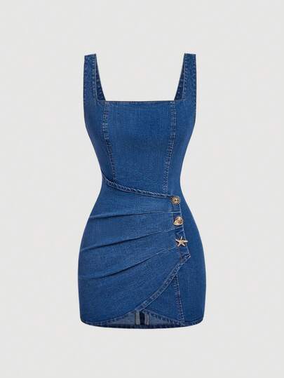 SHEIN MOD Plus Size Solid Color Square Neck Ruched Wrap Sleeveless Denim Dress