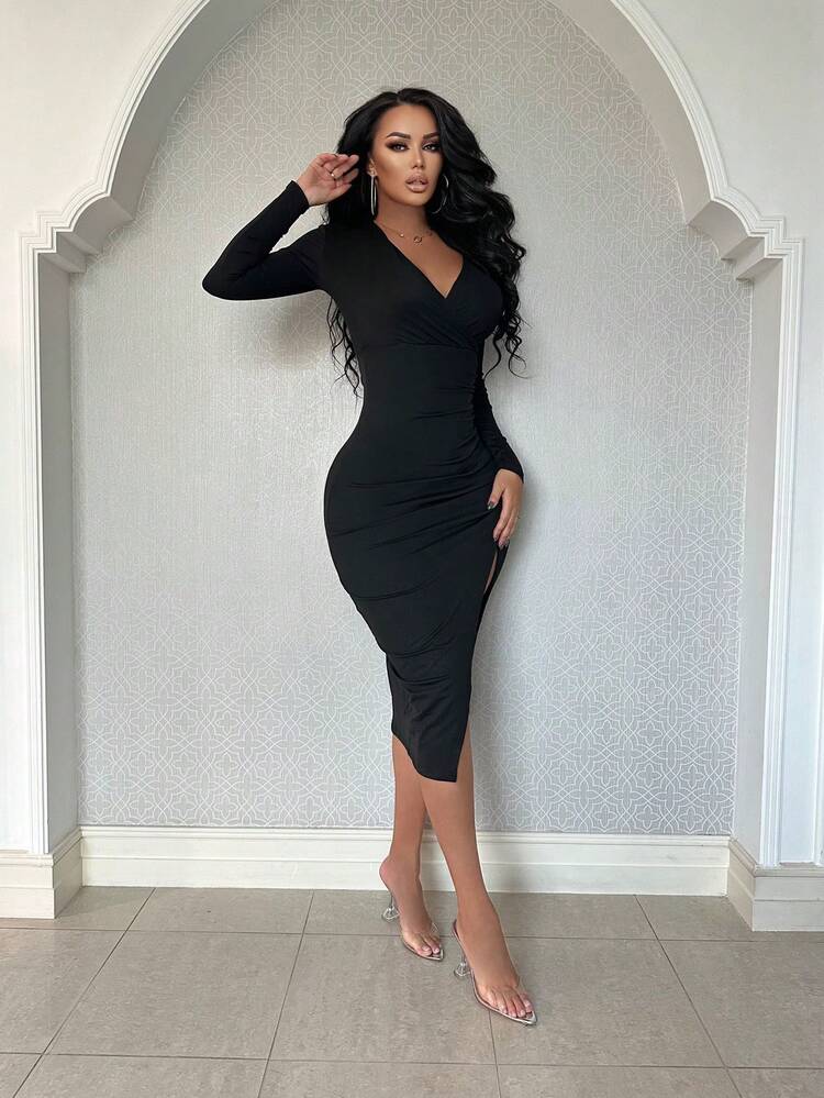 shein plunging neck split thigh dress VaVaBold Plunging Neck Split Thigh Ruched Bodycon Dress Maxi Women Outfit