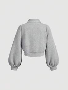 SHEIN MOD 女式翻领长袖蕾丝拼布短款卫衣、返校卫衣、校服、灰色卫衣、休闲卫衣、秋冬长袖上衣