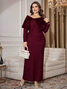 Modelyn Vestido elegante de mujer de talla grande con cuello de piel sintética desmontable - Burdeos - Ver 4