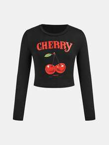 SHEIN Tween Girls Fashion Casual Cherry Print Long Sleeve T-Shirt And Flare Pants Set, Autumn/Winter - Black - View 7