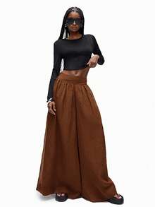 GENKIRA Quần ống rộng oversized phong cách French Chic cao cấp mới dành cho nữ, thiết kế cạp trễ, cài nút, tạo hiệu ứng xếp nếp, làm thon gọn, quần ống rộng trong suốt xếp ly giản dị giống vải lanh - màu nâu - Xem 6