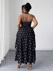 Maweii Rochie elegantă pentru damă, mărimi mari, neagră cu buline albe, din straturi, cu patchwork din plasă, rochie formală pentru toamnă, nuntă, petrecere de vacanță și vacanță - Negru - Vizualizare 3