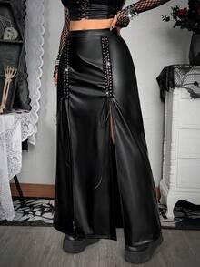 Whyspr 大码秋冬PU仿皮金属孔眼系带镂空双开衩优雅复古性感朋克哥特长裙 - 黑色 - 查看 7