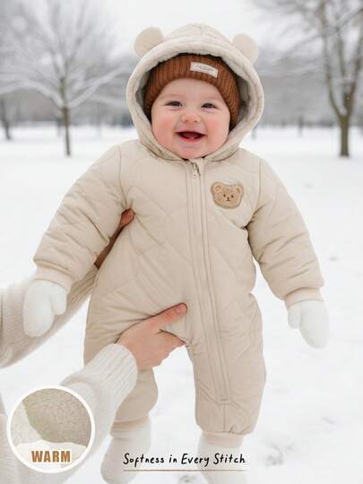 Cozy Pixies Newborn Baby Boy/Girl Cartoon Bear Hooded Long Sleeve Thermal Lined Jumpsuit, Comfortable & Versatile For Autumn/Winter