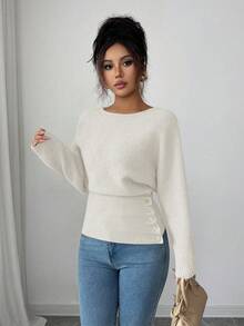 Elenzga Women's New Autumn/Winter Single-Piece Design Batwing Sleeve High-End Buttoned Minimalist Knit Long Sleeve Top, Versatile Daily Wear - White - View 4