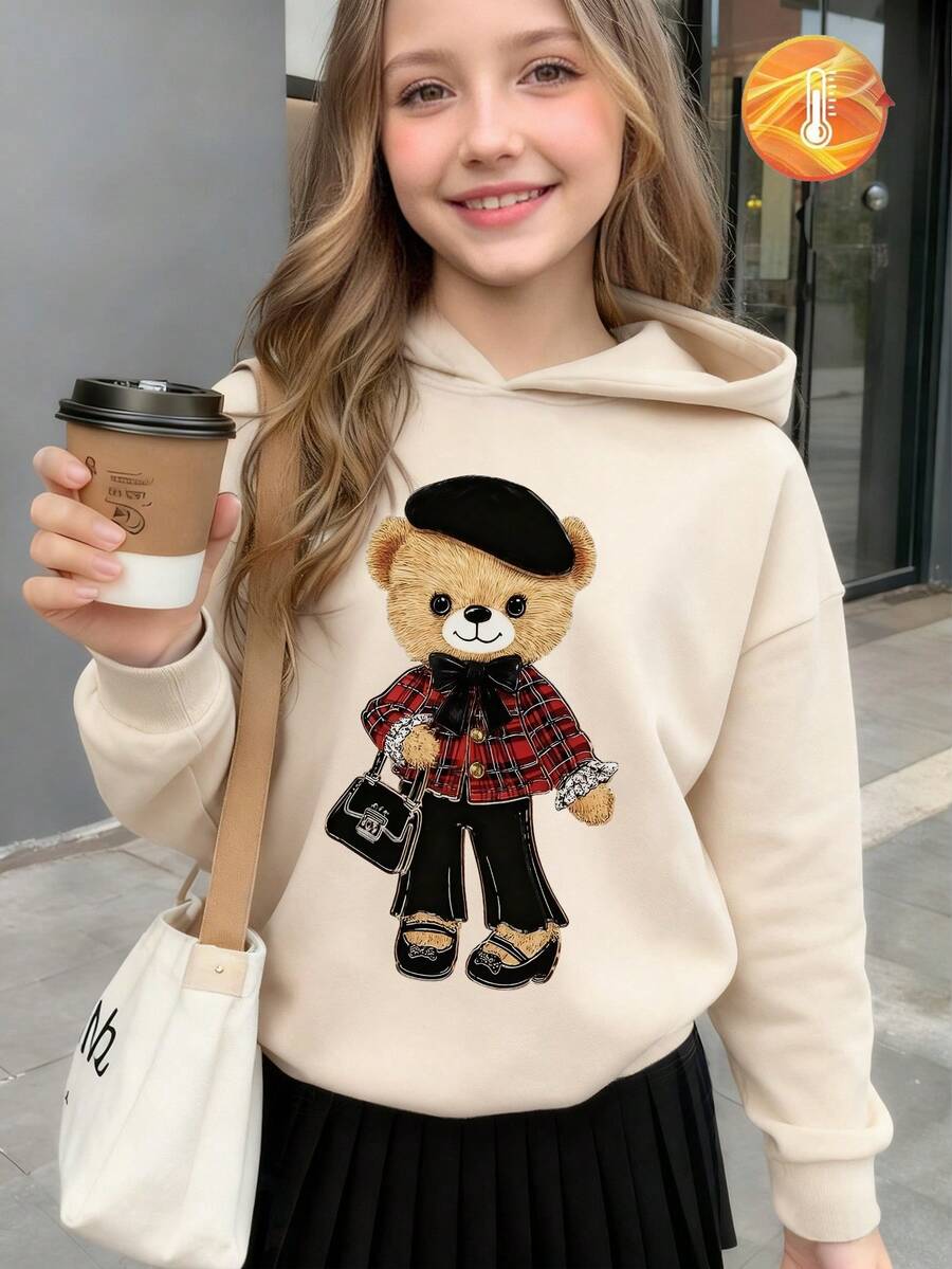 Sparklyn Áo nỉ ấm áp cho bé gái tuổi teen, phong cách mùa thu đông, thời trang thường ngày, sáng tạo, cá tính, tươi mới, tối giản, họa tiết gấu hoạt hình, nơ đen và kẻ caro, thoải mái, phù hợp cho mùa thu/đông. - Màu Khaki - Xem 1