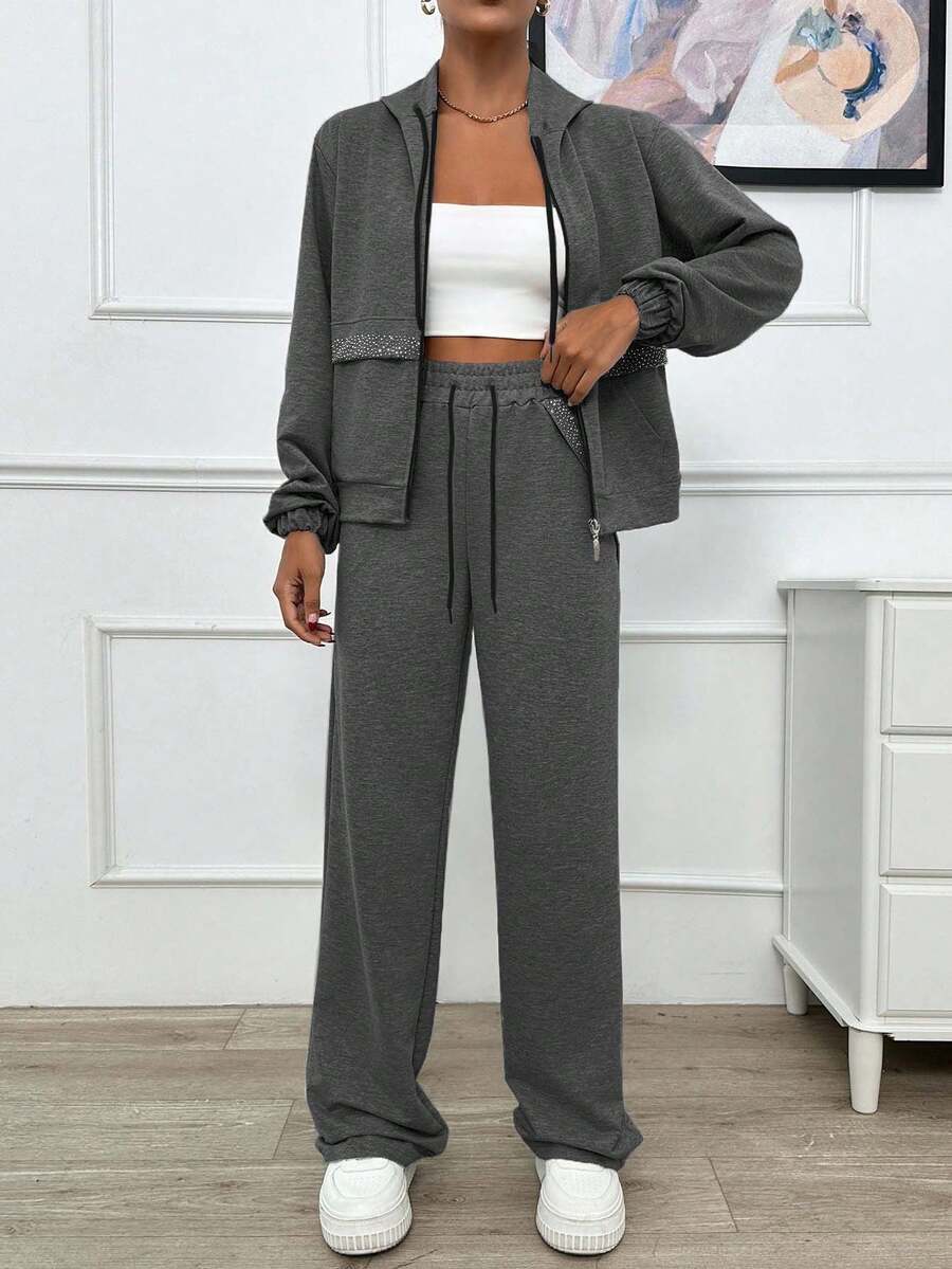 EURMUSE TWO PIECES TWO THREAD LIGHT GREY HOODIE SWEATSHIRT AND SWEATPANT WITH SPARKLE STONE DETAIL - Dark Grey - View 1