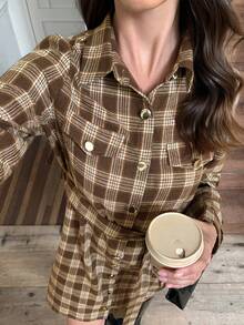 Elyressa Retro Checkered Lapel Button-Up Dress - Coffee - View 3