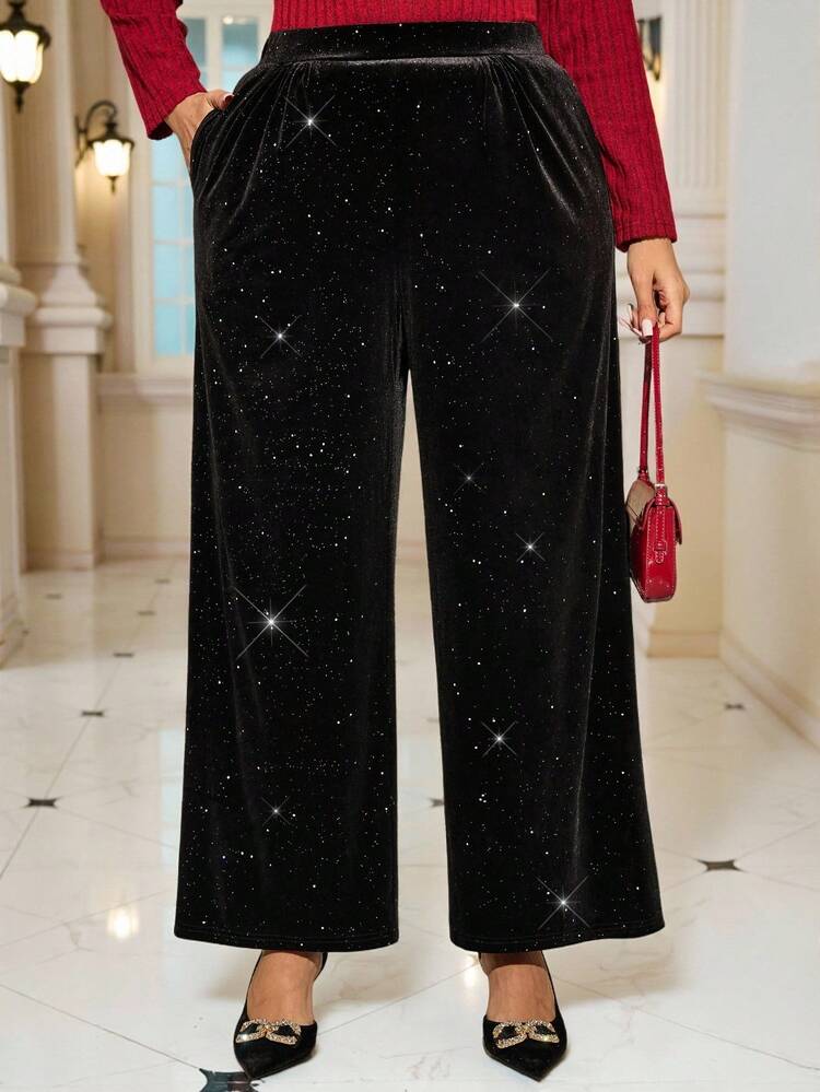 Plus Size Women High Waist Pockets Shiny Wide Leg Loose Elegant Pants, Black Pants, Shiny Pants, Litter Pants, Sequin Pants Women, Velvet Pants Women, Autumn/Winter, 2025 New, Clothes For New Year Christmas Clothes Elegant Dress Women Winter Clothes For Women Cozy Fall And Winter Clothes For Women Christmas Pajamas Christmas Clothes New Year Clothes Winter Clothes For Women