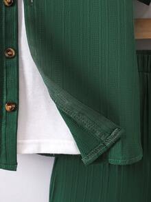 SHEIN 男童夏季休闲纹理纽扣衬衫短裤两件套 - 墨綠色 - 查看 7