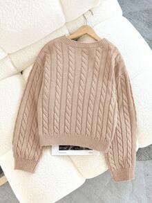 SHEIN 少女休闲纯色落肩宽松纹理针织短款毛衣，秋冬针织衫，美拉德染色 - 杏色 - 查看 3
