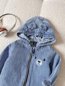 SHEIN Baby/Toddler Boys' Blue Casual Autumn Soft Cute Bear Embroidery Zip Up Hooded Denim Jumpsuit Overalls,Winter Dailywear Outfits,Christmas New Year Jean - Medium Wash - View 3