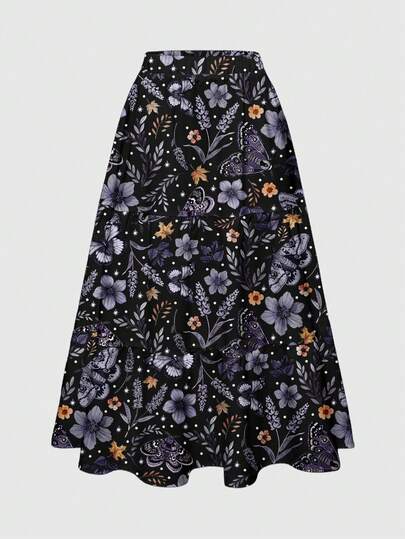 Fairycore 3-Layer Floral, Butterfly, Sun & Moon Allover Print Boho Skirt For Women, Autumn/Winter