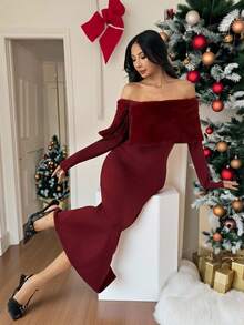 SHEIN PETITE Women's Burgundy Elegant Open Shoulder Christmas Dress,Autumn Plush Fur Trim Fitted Long Dress For Parties,Dining,Weddings & New Year's Eve Gown ,Petite Women - Burgundy - View 3