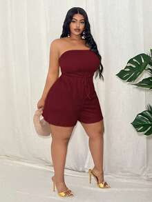Slaydiva Plus Size Women's Casual Vacation Daily Fitted Solid Red Tube Decorative Rope Knit Texture Romper - Burgundy - View 5