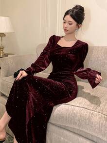 DAZY 亮片拼接长袖中长连衣裙，新年优雅女士礼服，舞会礼服，情人节闪亮连衣裙 - 酒紅色 - 查看 4
