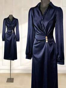 Franclia Đầm suông dài tay vai trơn màu trơn trang trí nút kim loại thanh lịch thắt eo cho nữ - Màu xanh hải quân - Xem 3