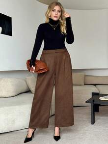 Modelyn Plus Size Solid Color Fold Pleated Pocket Casual Wide Leg Pants - Brown - View 6