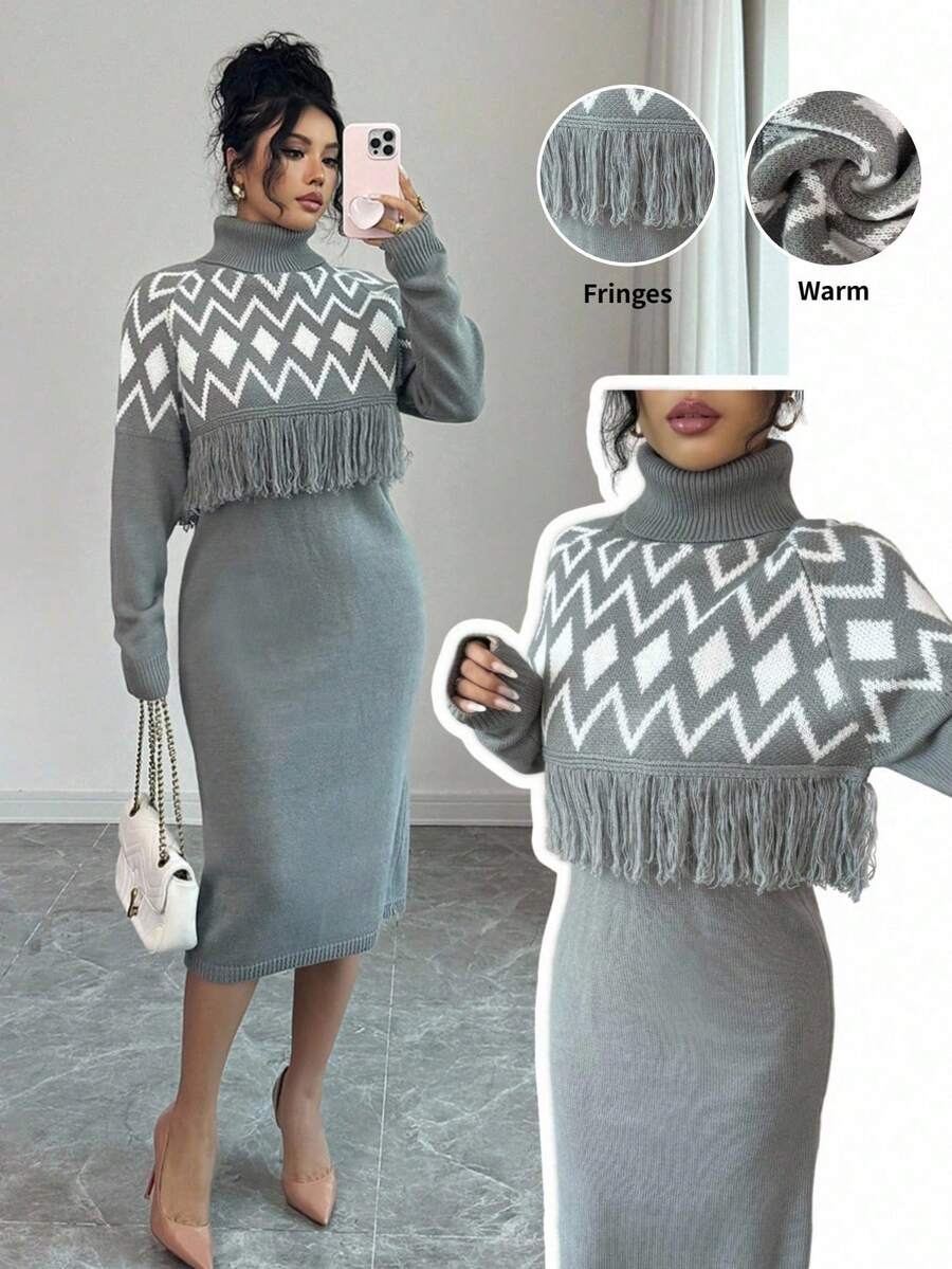 SHEIN Raffinéa 女式灰色领口流苏套头连衣裙搭配细肩带毛衣