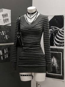 StreetHx 女士休闲条纹V领长袖短裙 - 灰色 - 查看 3